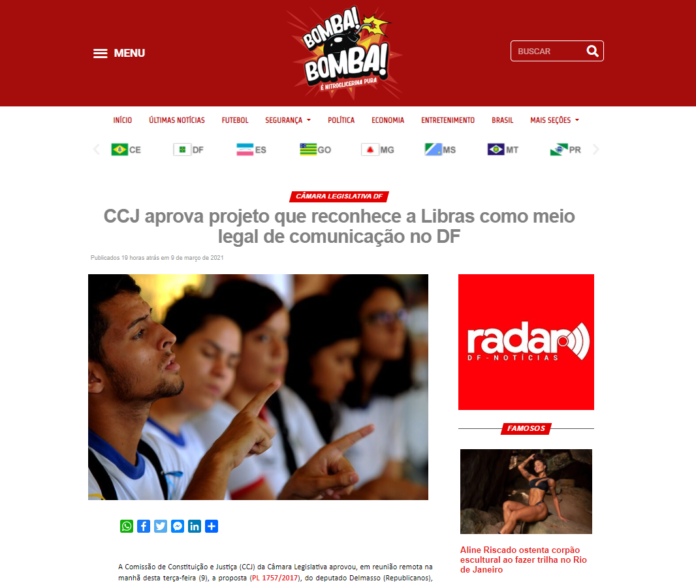 Bomba Bomba: CCJ aprova projeto que reconhece a Libras como meio legal de comunicação no DF