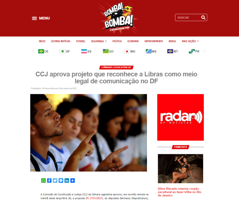 Bomba Bomba: CCJ aprova projeto que reconhece a Libras como meio legal de comunicação no DF