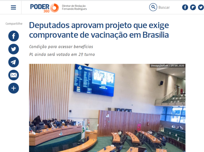 Poder 360: Deputados aprovam projeto que exige comprovante de vacinação em Brasília