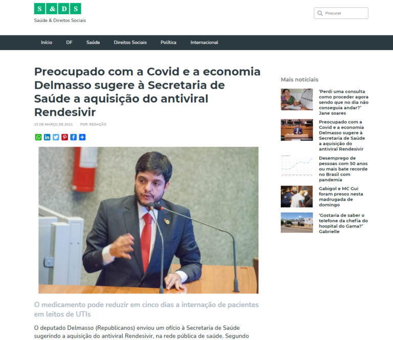 Em Defesa da Saúde: Preocupado com a Covid e a economia Delmasso sugere à Secretaria de Saúde a aquisição do antiviral Rendesivir