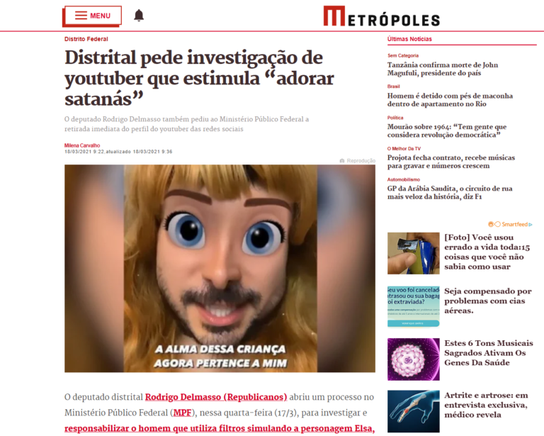 Metrópoles: Distrital pede investigação de youtuber que estimula “adorar satanás”