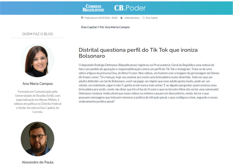 Correio Braziliense: Distrital questiona perfil do Tik Tok que ironiza Bolsonaro