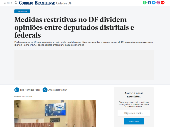 Correio Braziliense: Medidas restritivas no DF dividem opiniões entre deputados distritais e federais