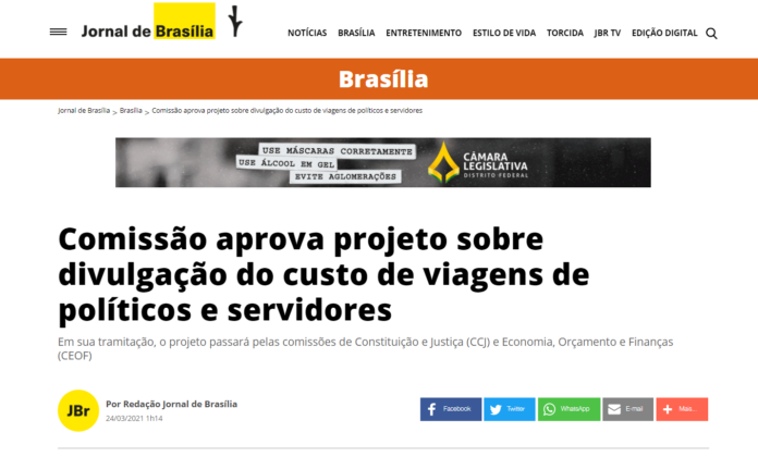 Jornal de Brasília: Comissão aprova projeto sobre divulgação do custo de viagens de políticos e servidores Jornal de Brasília: Comissão aprova projeto sobre divulgação do custo de viagens de políticos e servidores