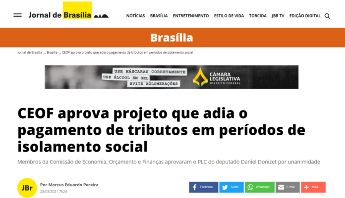 Jornal de Brasília: CEOF aprova projeto que adia o pagamento de tributos em períodos de isolamento social