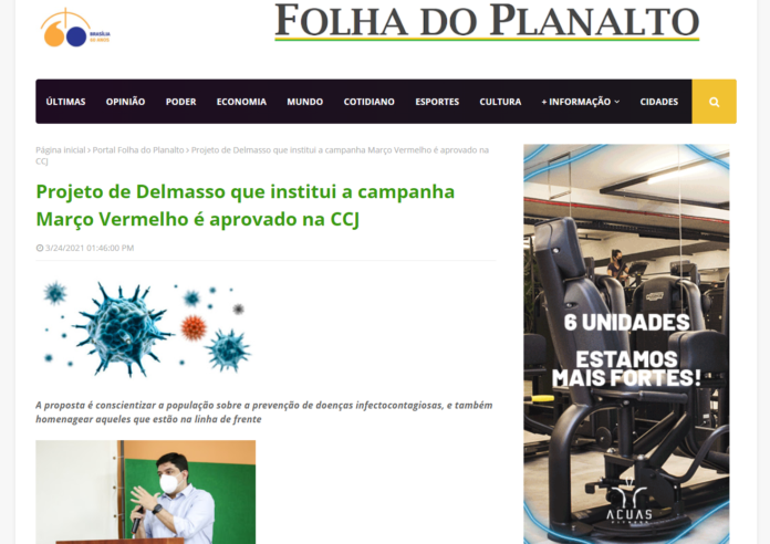 Folha do Planalto: Projeto de Delmasso que institui a campanha Março Vermelho é aprovado na CCJ