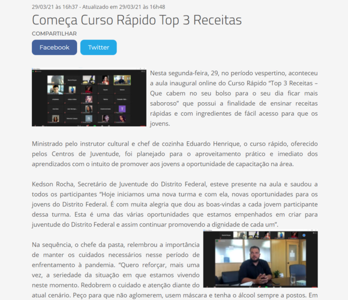 SECRETARIA DE JUVENTUDE: Começa Curso Rápido Top 3 Receitas