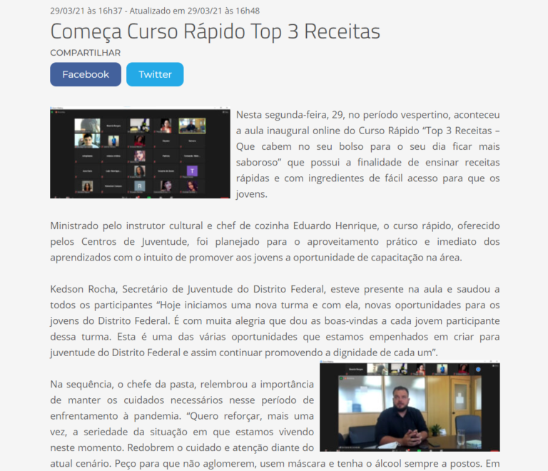 SECRETARIA DE JUVENTUDE: Começa Curso Rápido Top 3 Receitas