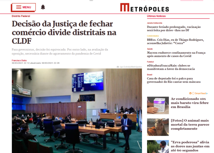 Metrópoles: Decisão da Justiça de fechar comércio divide distritais na CLDF