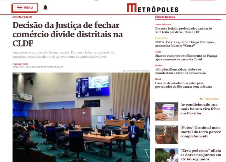 Metrópoles: Decisão da Justiça de fechar comércio divide distritais na CLDF