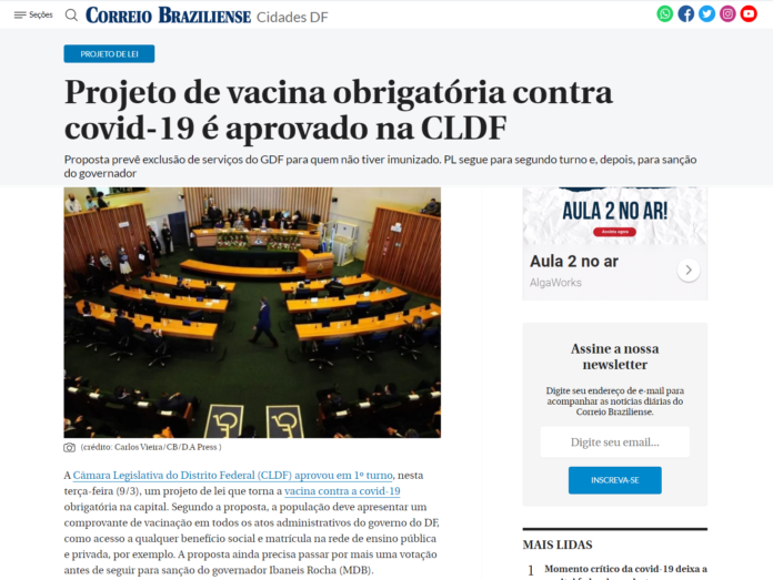 Correio Braziliense: Projeto de vacina obrigatória contra covid-19 é aprovado na CLDF