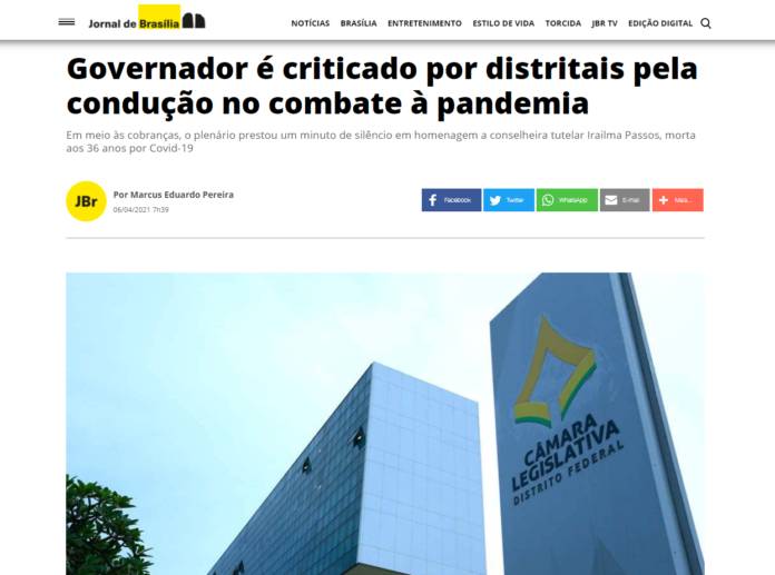 Jornal de Brasília: Governador é criticado por distritais pela condução no combate à pandemia
