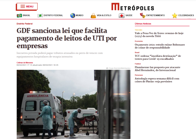 Metrópoles: GDF sanciona lei que facilita pagamento de leitos de UTI por empresas