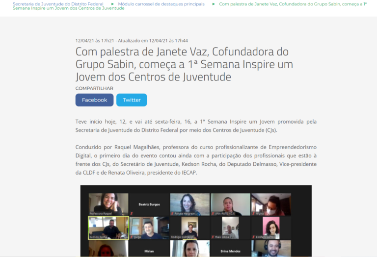 Secretaria da Juventude: Com palestra de Janete Vaz, Cofundadora do Grupo Sabin, começa a 1ª Semana Inspire um Jovem dos Centros de Juventude