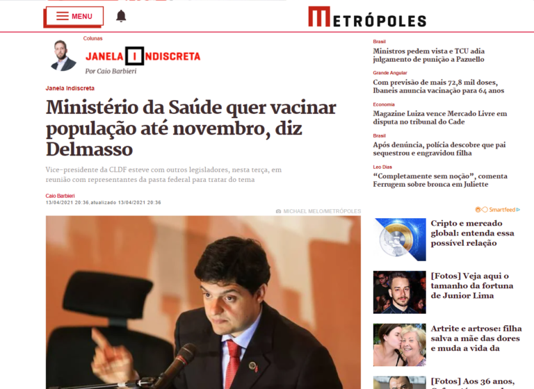 Metrópoles: Ministério da Saúde quer vacinar população até novembro, diz Delmasso