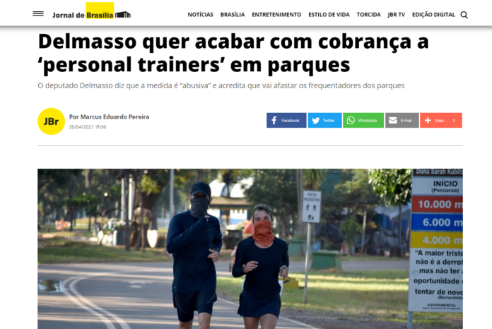 Jornal de Brasília: Delmasso quer acabar com cobrança a ‘personal trainers’ em parques