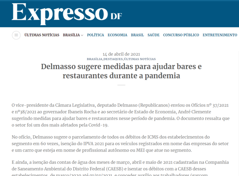 Expresso DF: Delmasso sugere medidas para ajudar bares e restaurantes durante a pandemia