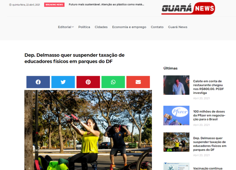 Guará News: Dep. Delmasso quer suspender taxação de educadores físicos em parques do DF