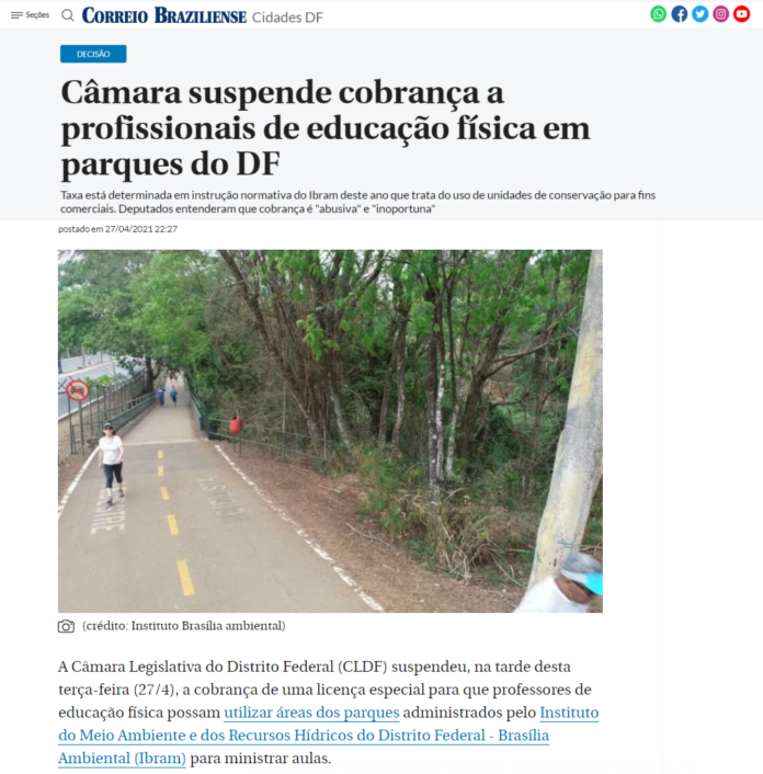 Câmara suspende cobrança a profissionais de educação física em parques do DF