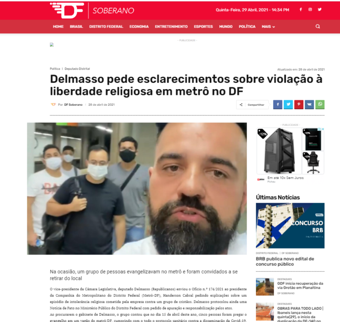 DF Soberano: Delmasso pede esclarecimentos sobre violação à liberdade religiosa em metrô no DF