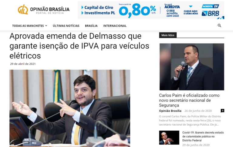 Opinião Brasília: Aprovada emenda de Delmasso que garante isenção de IPVA para veículos elétricos