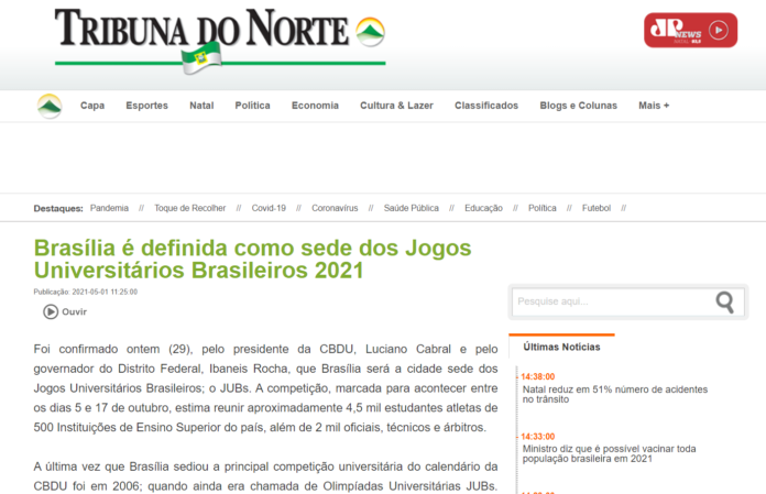 Tribuna do Norte: Brasília é definida como sede dos Jogos Universitários Brasileiros 2021