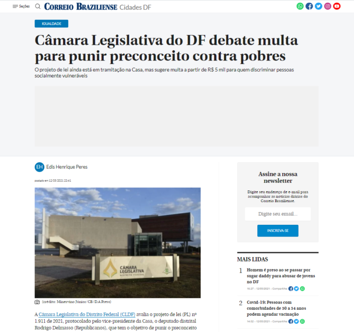 Correio Braziliense: Câmara Legislativa do DF debate multa para punir preconceito contra pobres