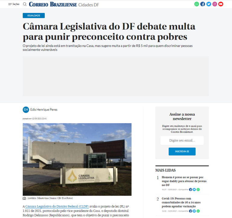 Correio Braziliense: Câmara Legislativa do DF debate multa para punir preconceito contra pobres