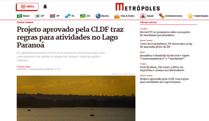 Metrópoles: Projeto aprovado pela CLDF traz regras para atividades no Lago Paranoá