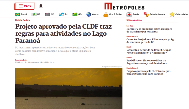 Metrópoles: Projeto aprovado pela CLDF traz regras para atividades no Lago Paranoá