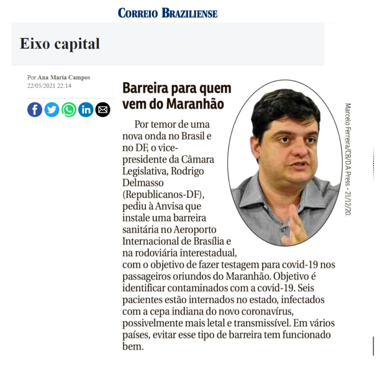 Correio Braziliense coluna Eixo Capital, 22 de maio 2021