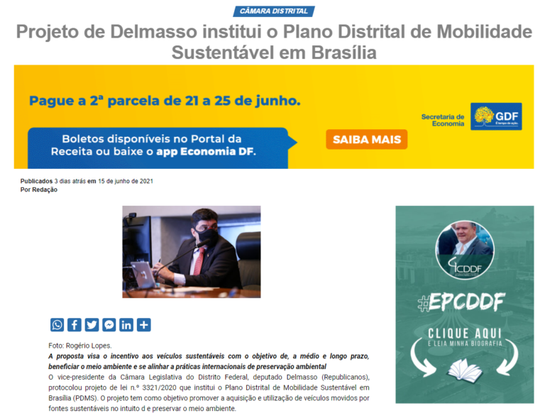 EG News: Projeto de Delmasso institui o Plano Distrital de Mobilidade Sustentável em Brasília