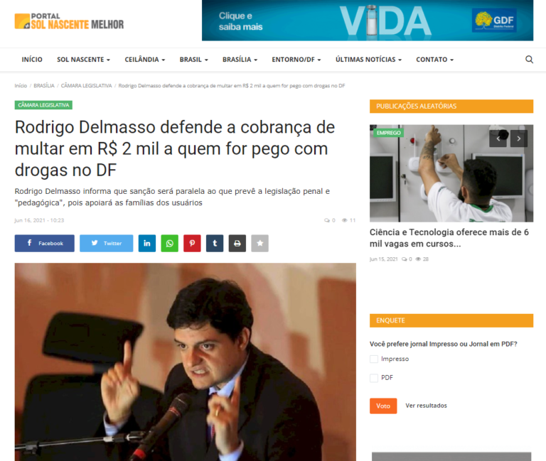 Portal Sol Nascente: Rodrigo Delmasso defende a cobrança de multar em R$ 2 mil a quem for pego com drogas no DF