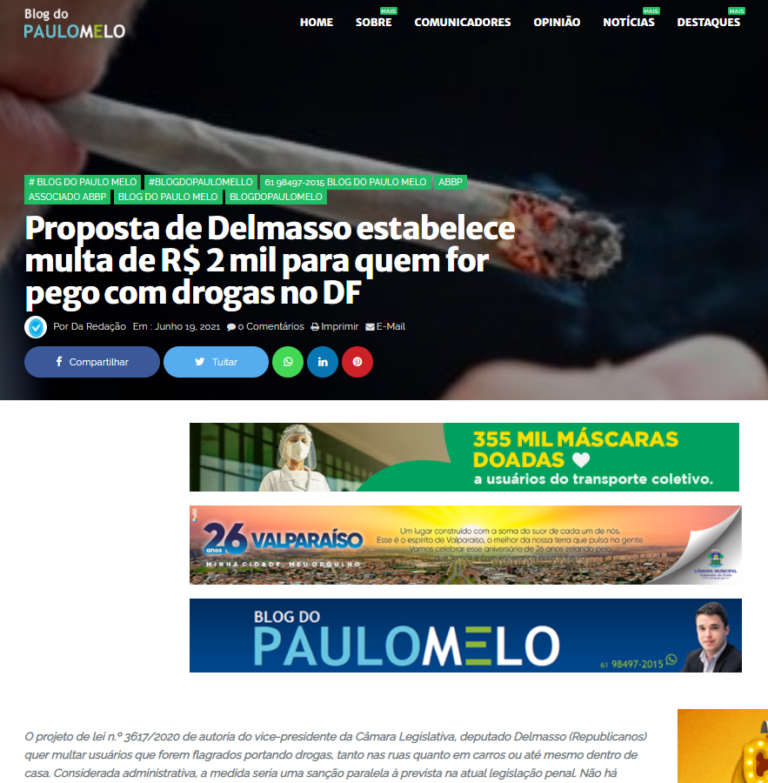 Blog do Paulo Melo: Proposta de Delmasso estabelece multa de R$ 2 mil para quem for pego com drogas no DF