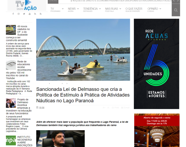 TV Inovação: Sancionada Lei de Delmasso que cria a Política de Estímulo à Prática de Atividades Náuticas no Lago Paranoá