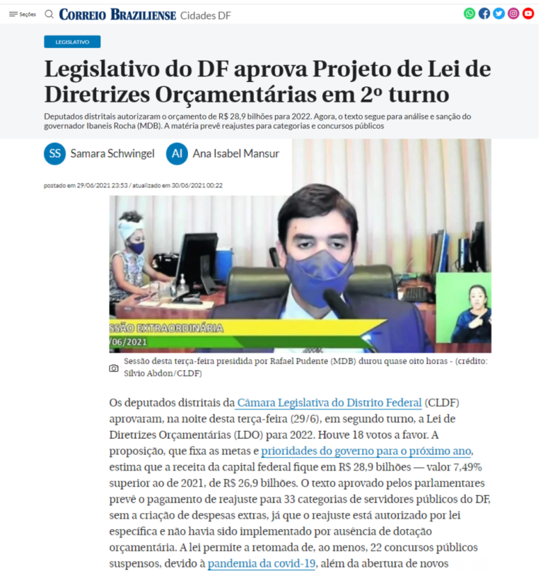 Correio Braziliense: Legislativo do DF aprova Projeto de Lei de Diretrizes Orçamentárias em 2º turno