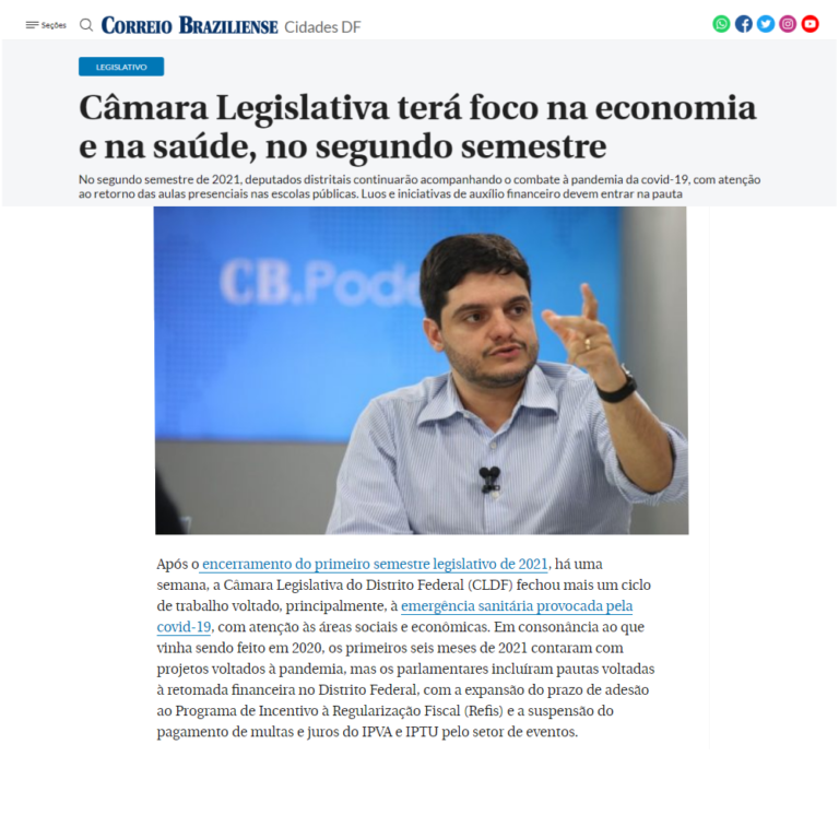 Correio Braziliense: Câmara Legislativa terá foco na economia e na saúde, no segundo semestre