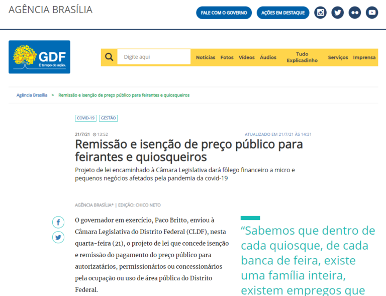 Agência Brasília: Remissão e isenção de preço público para feirantes e quiosqueiros