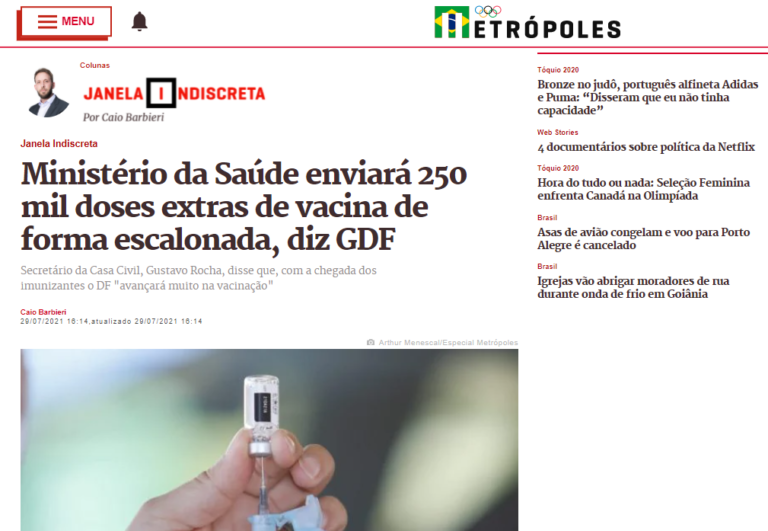 Metrópoles: Ministério da Saúde enviará 250 mil doses extras de vacina de forma escalonada, diz GDF