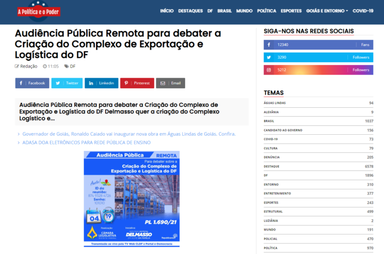 A Política e o Poder: Audiência Pública Remota para debater a Criação do Complexo de Exportação e Logística do DF