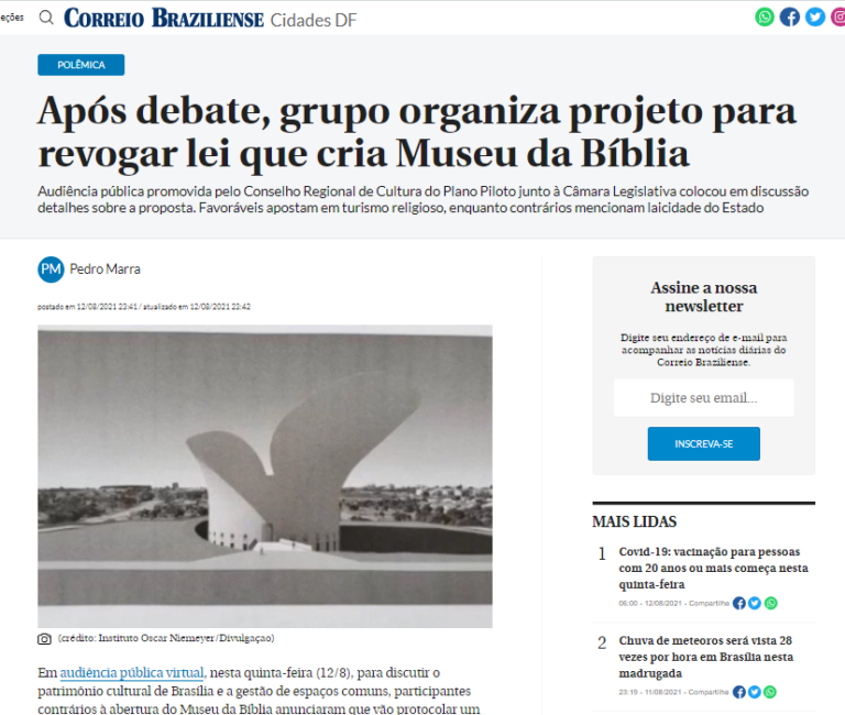 Correio Braziliense: Após debate, grupo organiza projeto para revogar lei que cria Museu da Bíblia