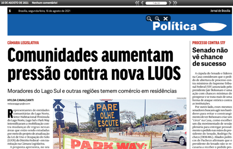 Jornal de Brasília: Comunidades aumentam pressão contra nova LUOS