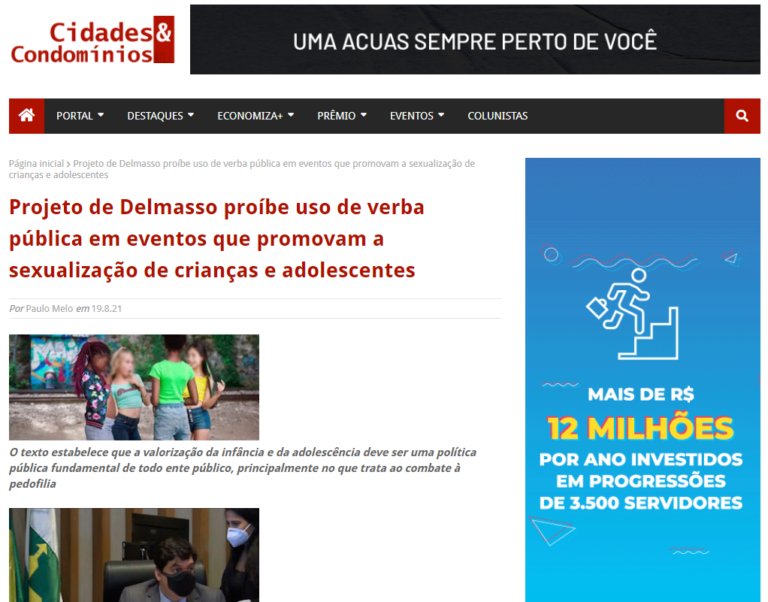 Cidades & Condomínios: Projeto de Delmasso proíbe uso de verba pública em eventos que promovam a sexualização de crianças e adolescentes