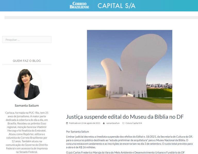 Correio Braziliense: Justiça suspende edital do Museu da Bíblia no DF
