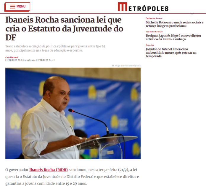 Metrópoles: Ibaneis Rocha sanciona lei que cria o Estatuto da Juventude do DF