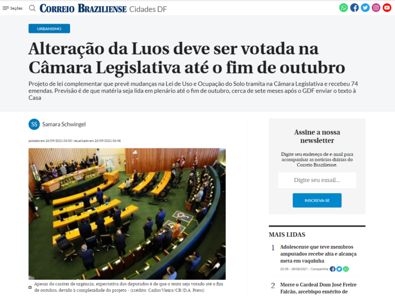Correio Brasiliense: Alteração da Luos deve ser votada na Câmara Legislativa até o fim de outubro