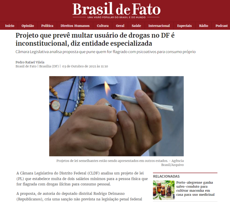 Brasil de Fato: Projeto que prevê multar usuário de drogas no DF é inconstitucional, diz entidade especializada