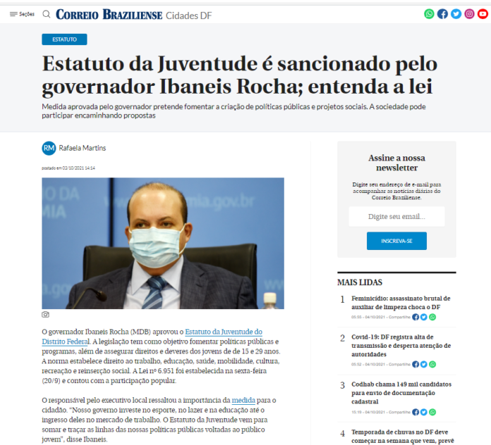 Correio Braziliense: Estatuto da Juventude é sancionado pelo governador Ibaneis Rocha; entenda a lei