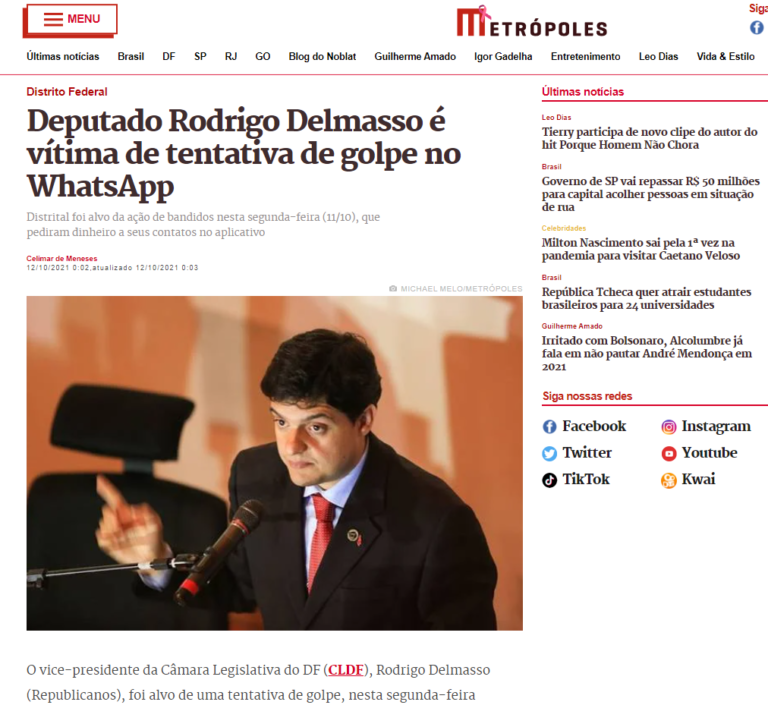 Metrópoles: Deputado Rodrigo Delmasso é vítima de tentativa de golpe no WhatsApp