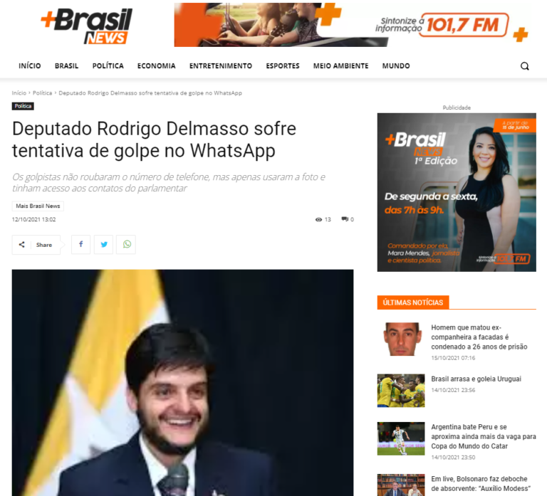 Mais Brasil News: Deputado Rodrigo Delmasso sofre tentativa de golpe no WhatsApp